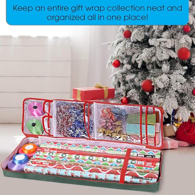 Primode Christmas Wrapping Paper Storage Box with Pockets | Long Gift Wrap Storage Container Bag (37” x 14” x 4”) Constructed of Durable 600D Oxford Material (Green)