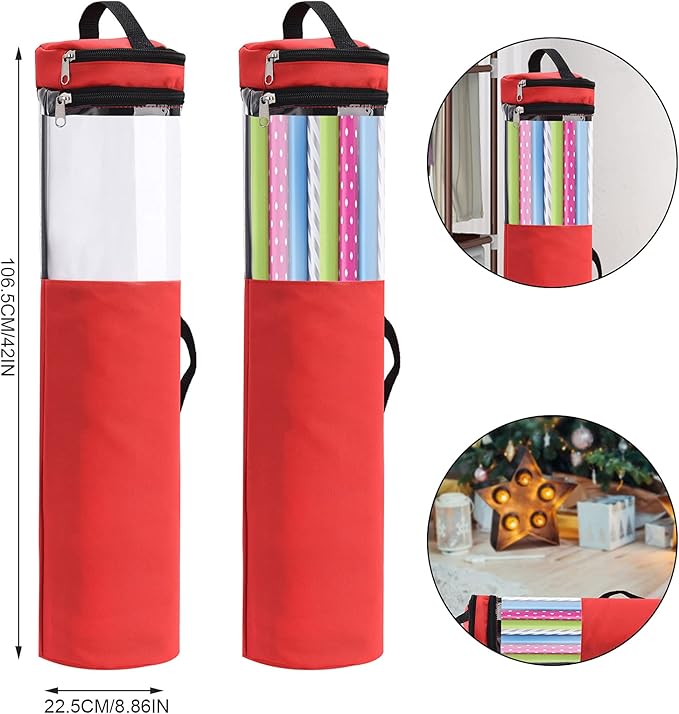 Plcnn Long Gift Wrap Organizer Bag 42x8.8in Christmas Wrapping Paper Storage Bin 600d Oxford Under Bed Gift Wrap Storage with Clear Window, Dual Zips, Carry Handles