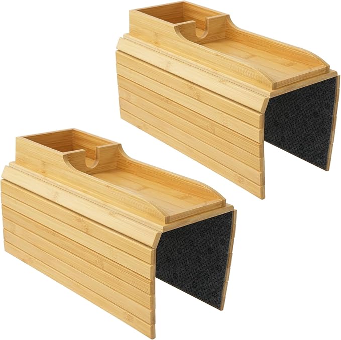 RETON 2 Pack Bamboo Couch Armrest Tray with Sofa Cup Holder, Anti-Slip Foldable Couch Arm Tray Table Organizer for TV Remote Drinks Cups Cellphone Snacks