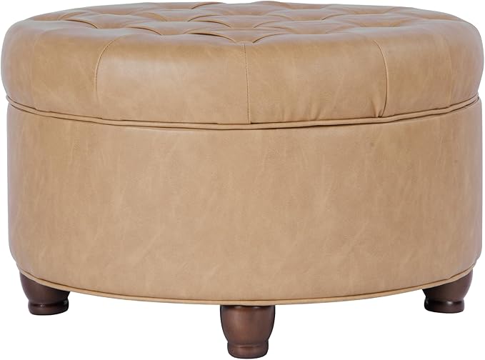 Homepop Home Decor | Button Tufted Faux Leather Round Storage Ottoman | Ottoman with Storage for Living Room & Bedroom (Sand Faux Leather)