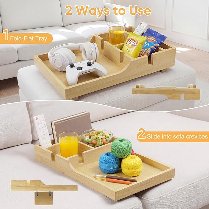 Couch Insert Tray,Bamboo Couch Tray Between Couch Cushions with 4 Compartments2 Cups Holder,Fit Armless Couch/Sectional, 2-in-1 Fold-Flat Tray,for Snacks, Drinks, Remotes,15.35x9.84-inch (Bamboo)