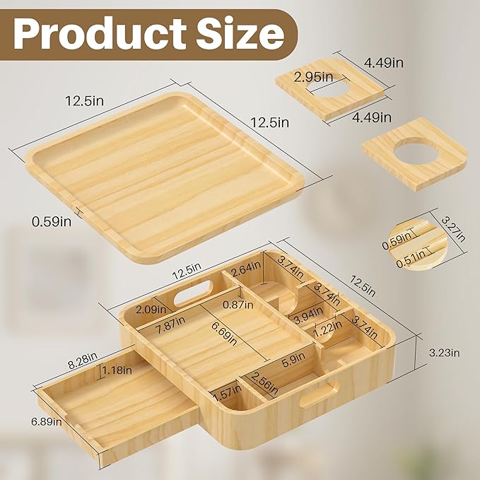 Couch Cup Holder, Couch Tray Cup Holder Sofa Tray, Large Capacity 2-Tier Wooden Trays with Drawer for Sofa, Bed, Picnic, Drinks, Snacks, Remote, Cell Phone, Headphones (Solid Pine Wood)12.5*12.5 in