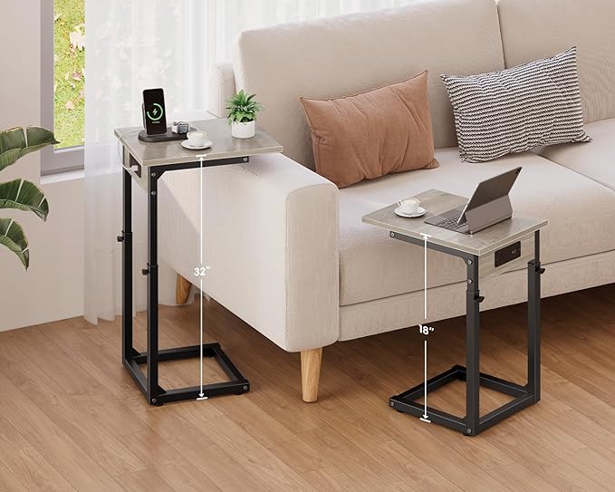 Vagusicc C Shaped End Table with Charging Station, Adjustable Height Side Table for Couch, C Table End Table Couch Table That Slide Under, Sofa Table TV Tray Arm Tables for Living Room, Bedroom, Gray