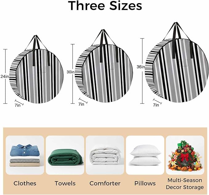 Storage Bag Black Stripes Round Storage Totes Bins Closet Organizers with Zippers & Handle Grey Striped Lines Clothes Storage Container for Bedroom Dorm Space Saving Packing Supplies Moving Bags