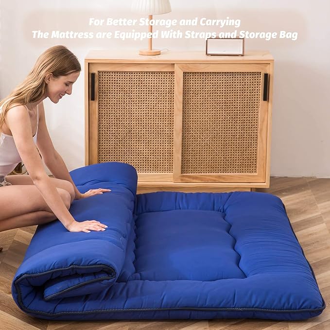 MAXYOYO Japanese Floor Mattress Futon Mattress, Thicken Sleeping Pad Foldable Roll Up Floor Futon for Adults Tatami Mat Dormitory Couch, Royal Blue, Queen Size