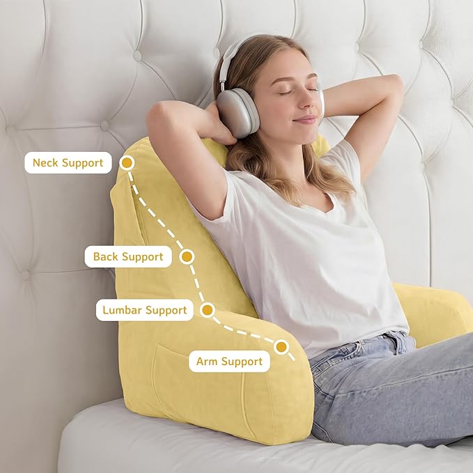 Unisakey Portable Comfy Reading Pillows for Bed Sitting Up(Yellow Oeko-Tex), Velvet Back Pillow with Arms & Pockets for Adults, Support Memory Foam Bed Pillow for Dorm/Reading/Watching/Gaming