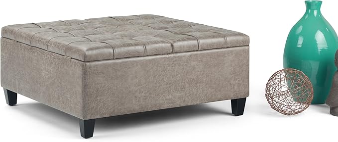 SIMPLIHOME Harrison Coffee Table Storage Ottoman - 36 inch Wide Upholstered Vegan Leather Square Lift-Top Ottoman in Distressed Grey Taupe, Transitional Ottoman for Living Room with Storage