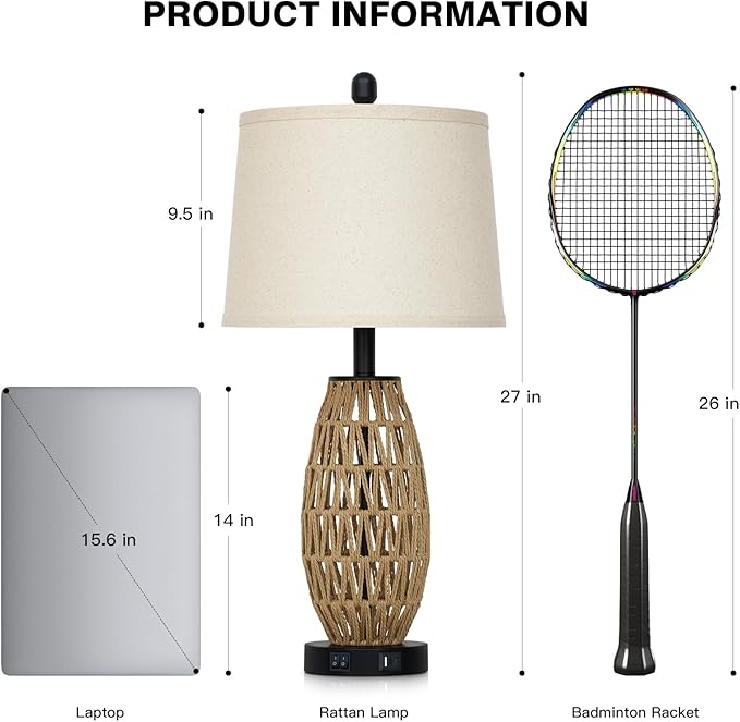 CINSARY 27" Boho Rattan Table Lamp with Night Light, Wicker Bedside Lamp with USB A+C Charging Port, Woven Coastal Bedroom Lamps for Nightstand, Tall Farmhouse Lamps for Living Room Single