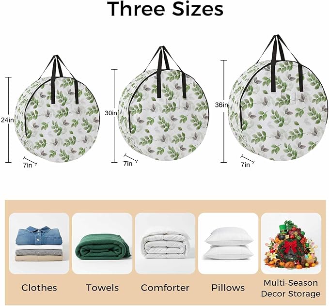 Botanical Country Round Storage Bag 36 Inch, Green Eucalyptus Leaves White Background Clothes Storage Container with Handles Heavy Duty Organizer for Comforter, Bedding & Holiday Wreaths