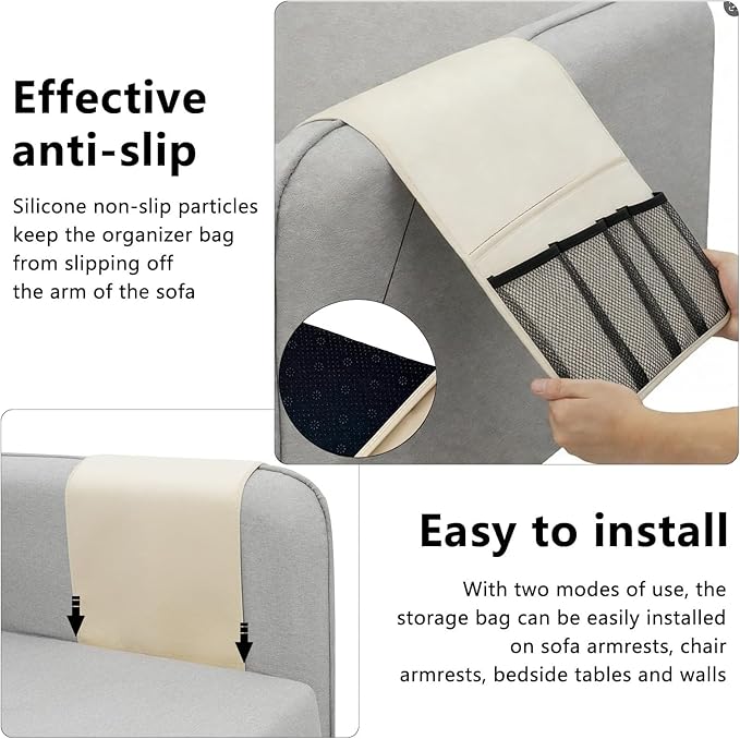 Armchair Caddy for Couch Remote Control Holder Recliner Armrest Organizer Non Slip Sofa Arm Chair Caddie with 6 Pocket Storage for Magazine, Tablet, Phone, iPad, Chocolate Leather white
