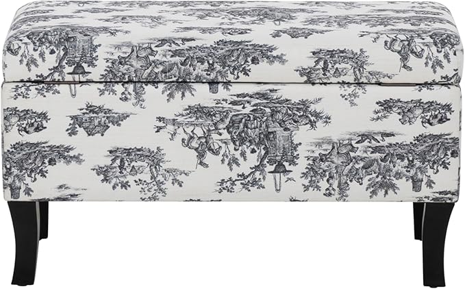 Linon Stephanie Black and White Toile Fully Upholstered Bench with Hidden Interior Storage