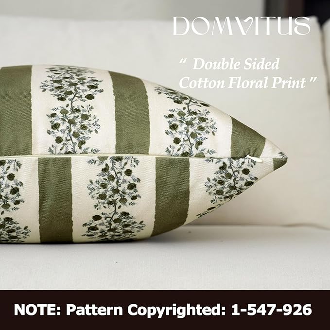 DOMVITUS Floral Throw Pillow Covers 24x24 Inch Set of 2, Block Print Decorative Pillow Covers Vintage Striped Neutral Farmhouse Boho Home Decor for Couch Sofa Bed Living Room, Green