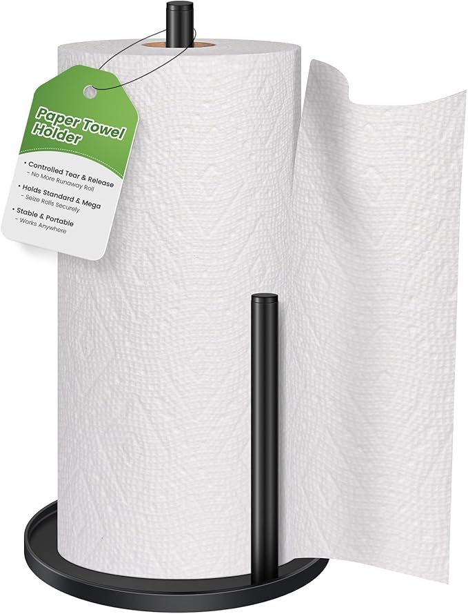 Black Paper Towel Holder Countertop, Paper Roll Holder Stand with Anti-Slip Weighted Base, Easy-Tear Papers Towel Rack Free Standing Tissue Dispenser for Bathroom Kitchen Organization RV Essentials