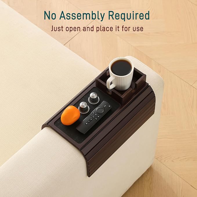 Bamboo Couch Cup Holder Arm Tray Table with Anti-Slip Cork Pad，Couch Drink Holder，Sofa Cup Holder Armrest Tray，Foldable Arm Chair Table Recliners for Drink, Cups, Eats，Snacks, Phone, Remote (Mahogany)