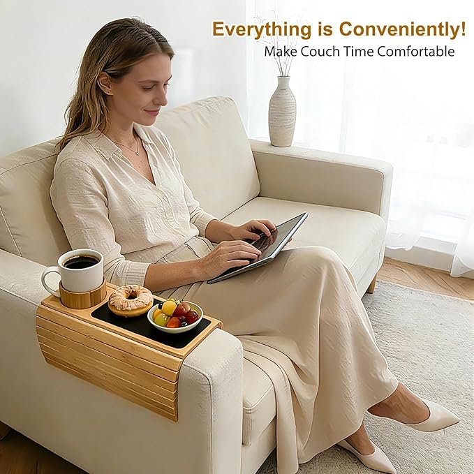 Couch Armrest Table with Cup Holder - Bamboo Couch Cup Holder 3-in-1 Magnetic Detachable, Anti-Slip Foldable Sofa Arm Tray for Drink, Snack, Coffee, Mugs, Remote, Cellphone, Cup (Natural)