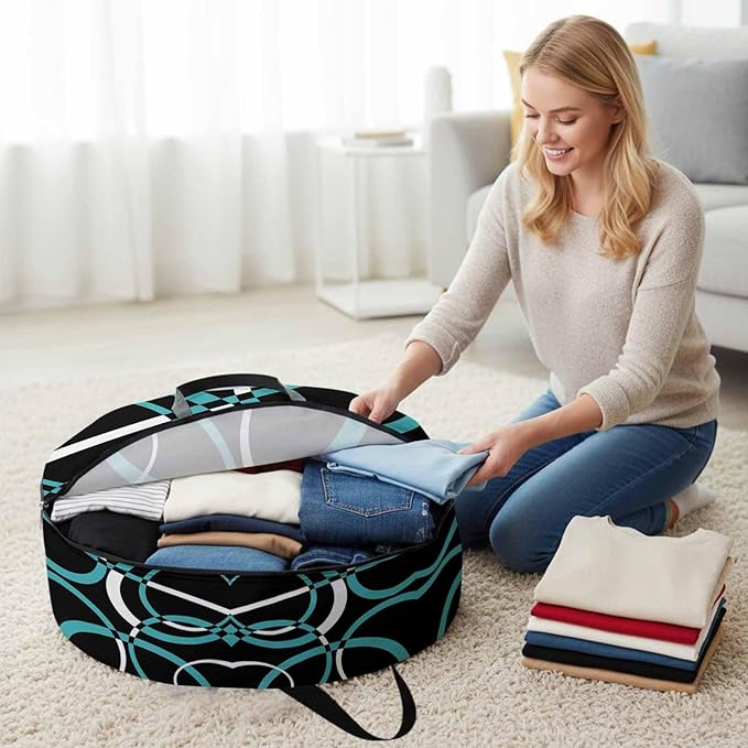 Storage Bag Turquoise Black Geometric Circle Round Storage Totes Bins Closet Organizers with Zippers & Handle Modern Abstract Lines Clothes Storage Container for Bedroom Space Saving Packing Supplies