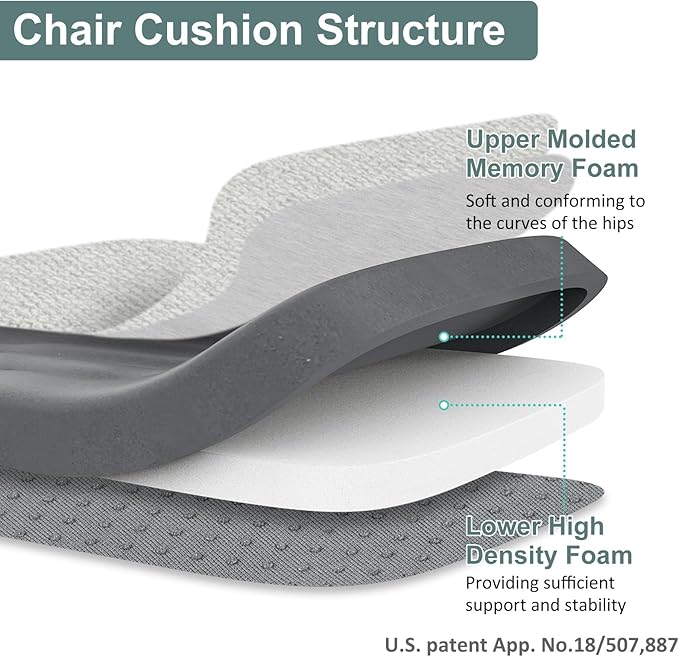 Shinnwa Dining Chair Cushions, Patented Design Molded Memory Foam Kitchen Chair Pad with Ties and Washable Cover, 17" x 16" x 2", Off White