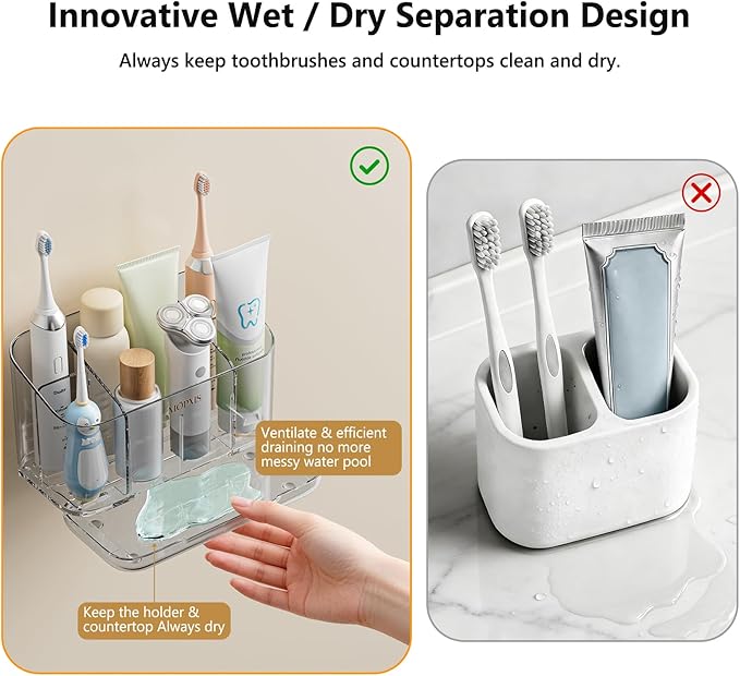 Toothbrush Holders for Bathroom Countertop Organizer, 5 Slots Large Capacity Electric Toothbrush Holder Wall-Mount for Space Saving, Tooth Brush and Toothpaste Holder with Dividers for Easy Clean
