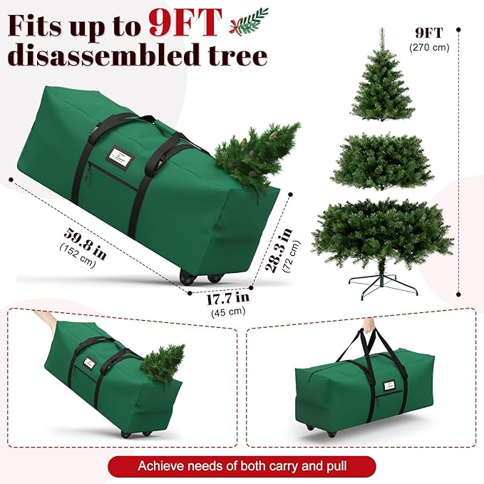 Christmas Tree Storage Bag with Rolling Wheels, Fits for 9ft Xmas Artificials, Large Xmas Storage Container with Reinforced Carry Handles and Fixed Buckle, 600D Oxford Cloth, Dual Zippers
