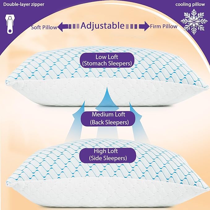 VAINOC Memory Foam Pillows Standard Size Set of 2, Adjustable Cooling Firm Pillow for Side Back Stomach Sleepers with Washable Removable Cover