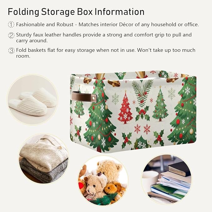 Christmas Storage Baskets with Handles, Decorative Collapsible Fabric Bins for Home Organization, Holiday Tree Pattern, 14.2x10.2x8.3 Inches