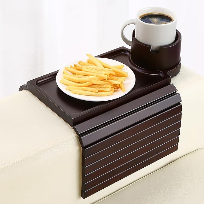SINWANT Couch Cup Holder Tray, 2 in 1 Bamboo Couch Armrest Table Clip on Sofa Armrest Table,Foldable Anti Silp Arm Rest Side Tray for Drink Coffee Mug, Snacks, Remote