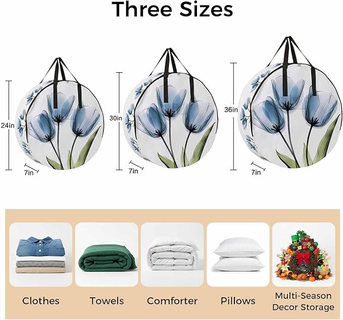 Blue Tulip Round Storage Bag 36 Inch, Country Flower Pastoral Style Clothes Storage Container with Handles Heavy Duty Organizer for Comforter, Bedding & Holiday Wreaths