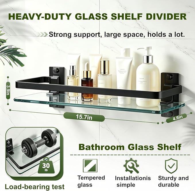 AIJALY 2 Pack Bathroom Glass Shelf,15.7 Inches Black Bathroom Shower Glass Shelf Wall-Mounted, Metal Storage Floating Kitchen Shelf