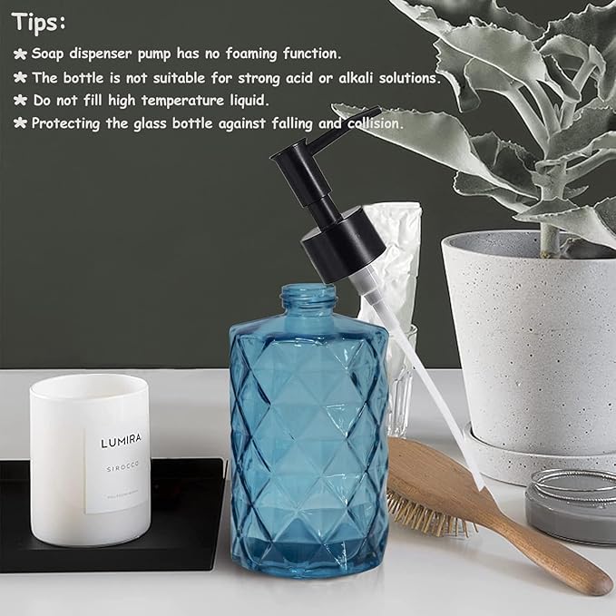 YYTSGG Blue Glass Soap Dispenser with Black Plastic Pump, 12oz Refillable Liquid Hand Soap Dispenser, Crystal Lotion Bottle for Modern Home Decor, Bathroom, Kitchen Countertop, Hotel