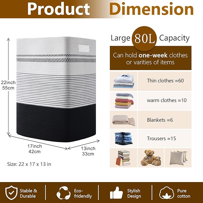 80L Large Cotton Rope Laundry Basket for Bedroom & Laundry Room, Tall Clothes Hamper with Sturdy Handles, Neutral Storage Bin Capable of Holding Blankets and Toys