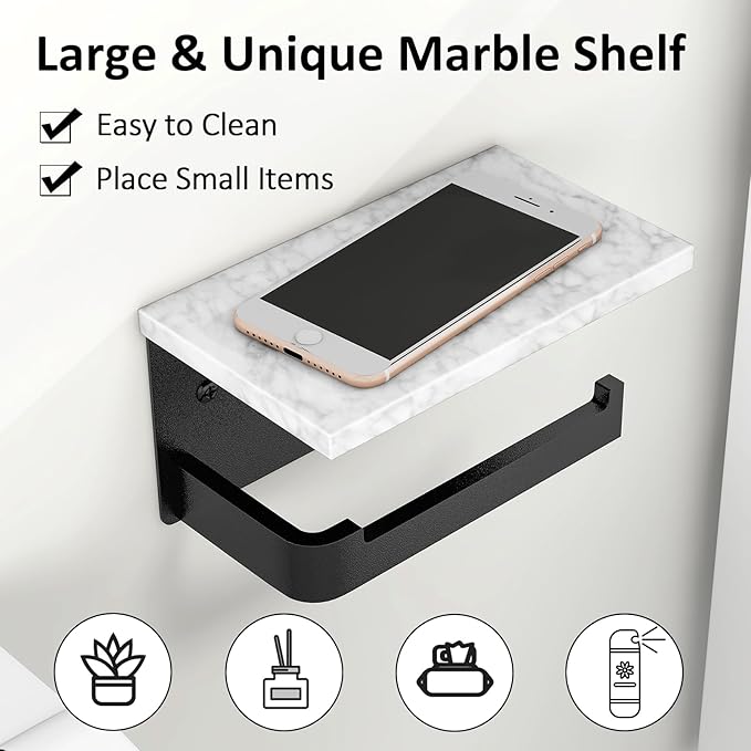 Gypie Toilet Paper Holder with Shelf, Extended Base Wall Mounted, Marble Toilet Roll Holder Black for Bathroom Washroom