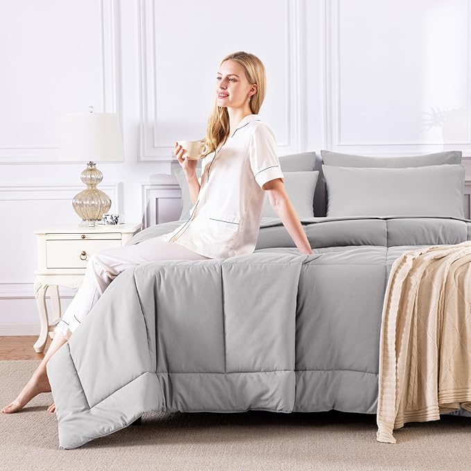 CozyLux Queen Comforter Set French Grey, 7 Pieces Bed in a Bag, Gray Comforters Queen Size, All Season Bedding Sets with Stitch Quilted Comforter, Flat Sheet, Fitted Sheet, Pillowcases