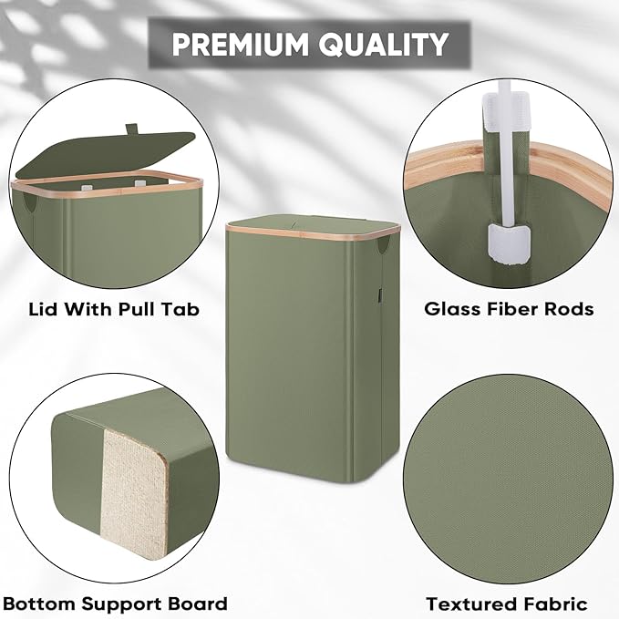 BALEINE Laundry Hamper with Lid, Tall Laundry Baskets with Bamboo Pull Handles, Large Laundry Bin with Internal Support (18 Gal/70L, Green)