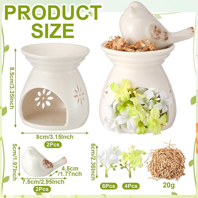 2 Set Birdhouse Ceramic Table Decor Ceramic Birds Figurines Centerpieces with Bird and Flower Ornament Rustic Farmhouse Spring Summer Decor for Shelf Mantel Desk Decoration Housewarming Gift