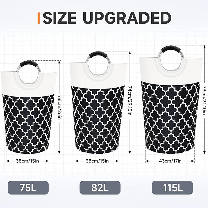 Fabspace Large Laundry Basket Laundry Hamper Bag Washing Bin Clothes Bag Collapsible Tall with Handles Waterproof Travel Bathroom College Essentials Storage for College Dorm, Family (Black) 75L