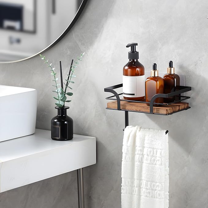 YIGII Rustic Farmhouse Toilet Paper Holder with Shelf - Wooden Tissue Paper Roll Holder, Bathroom Wall Mounted Toilet Paper Roll Holder with Wipes Storage, Black Metal