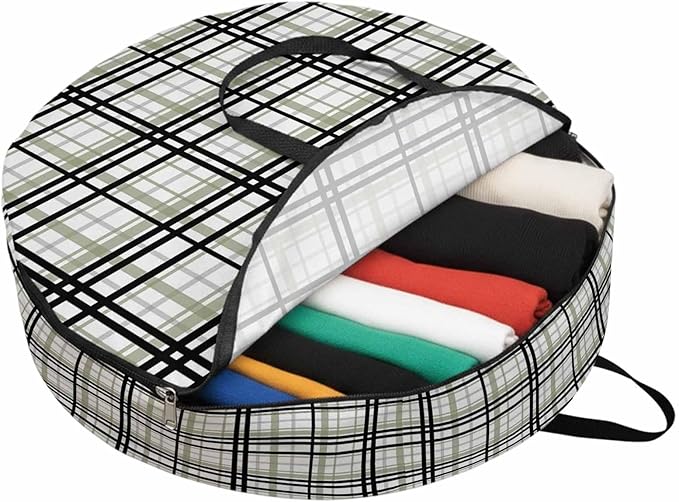 Storage Bag Sage Green Buffalo Plaid Round Storage Totes Bins Closet Organizers with Zippers & Handle Black Check Stripe Clothes Storage Container for Bedroom Dorm Space Saving Packing Supplies Bags