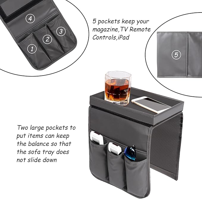Couch Caddy, Armchair caddy with Detachable Tray, Non-Slip PU Leather Remote Control Holder for Recliner with 5 Pockets (Light Grey)