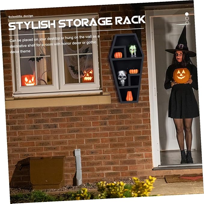 VICASKY Creative Gothic Coffin Storage Rack Eerie Decor Organizer for Halloween Parties Coffin Shelf for Knick-knacks Books Candles and Spooky Accents