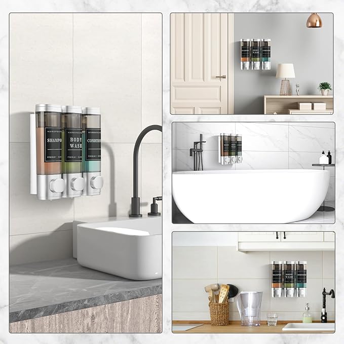 Shower Soap Dispenser Wall Mounted No Drill Shampoo Dispenser for Shower Wall Shampoo and Conditioner Dispenser Bathroom Hotel 3 * 300ml Sliver with Labels