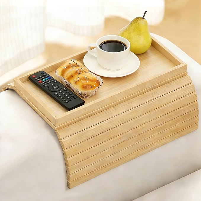 Bamboo Sofa Arm Tray, Foldable Couch Armrest Table, Anti Falling Couch Arm Tray Table, Portable Sofa Armrest Trays Cup Holder for Drink, Cups, Phone, Snacks, Remote