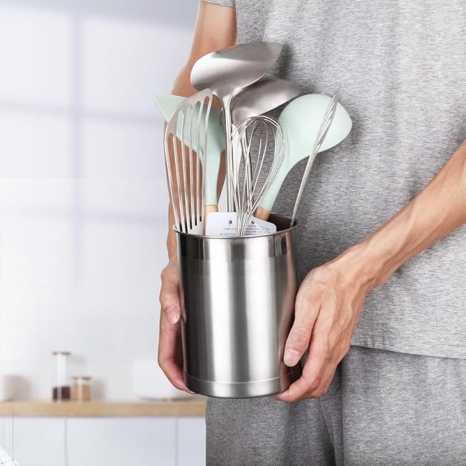 KSENDALO Stainless Steel Utensil Holder for Counter(2Pack), Brushed Silver Drying Metal Utensil Crock Canister for Cooking Utensils on Countertop, with Heavy Base, Dishwasher Safe, Silver