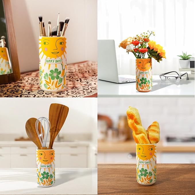 MOUGIGI Cute Small Ceramic Flower Vase-Colorful Boho Unique Round Design with Lively Smiley Patterns-Dopamine Decor Multi Use as Makeup Brush Holder, Pencil Pen Cup-Perfect for Weddings, Mother's Day
