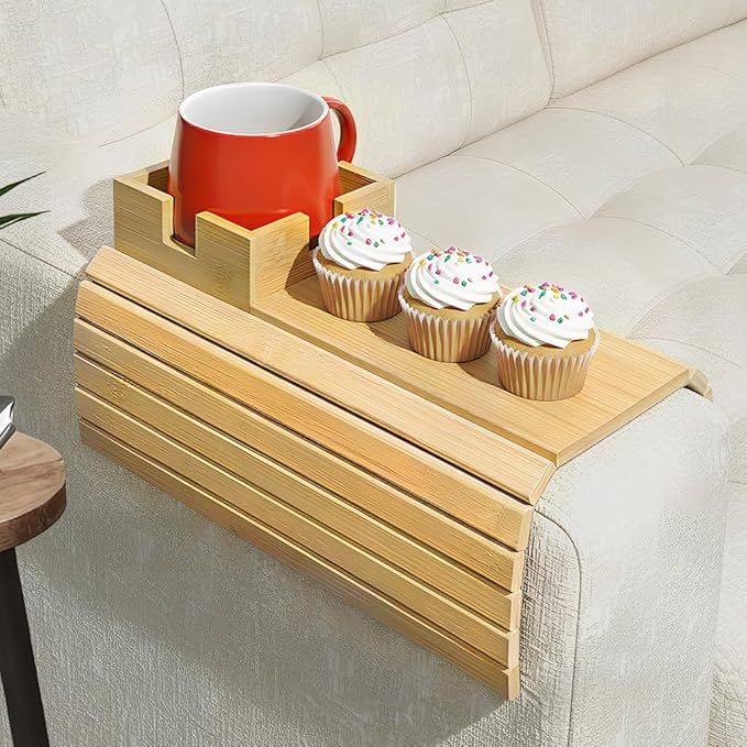 Bamboo Couch Cup Holder & Armrest Tray - Extend Your Comfort with a Secure Drink Slot and Snack Space for Recliner, Loveseat, or Sofa (Extra Large)