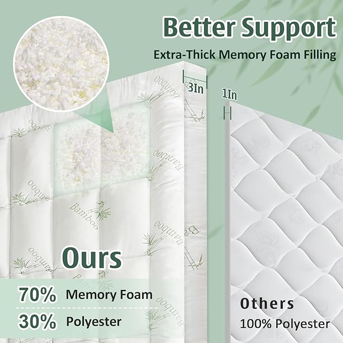 DOWNCOOL 3 Inch Full Mattress Topper – Cooling Memory Foam Mattress Topper for Back Pain Relief, Breathable Bamboo Viscose Air Layer, 1600 GSM Fill, Deep Pocket Fits 8–21 Inch