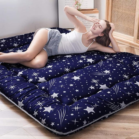 MAXYOYO Navy Starry Sky Japanese Futon Mattress, Tatami Floor Mat, Portable Camping Sleeping Pad, Foldable Roll Up Lounger Full Size with Mattress Protector Cover