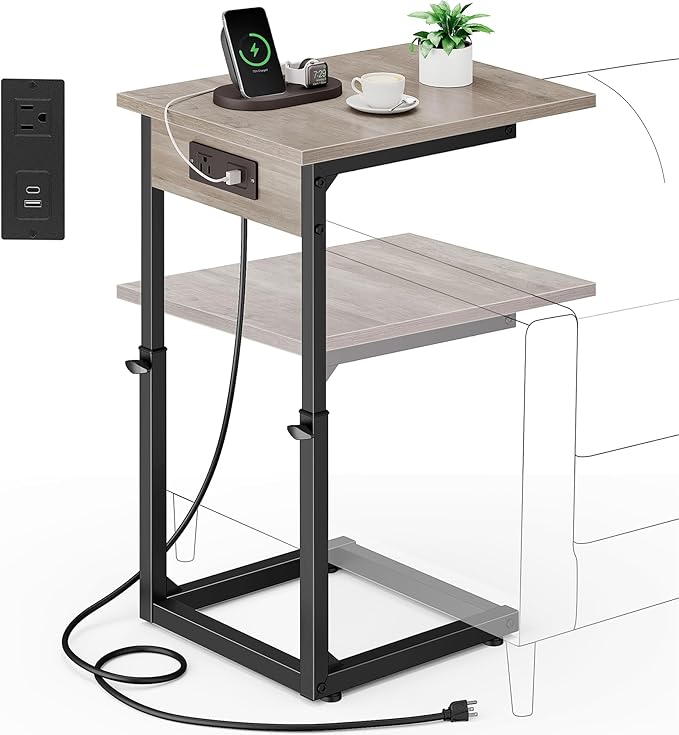 Vagusicc C Shaped End Table with Charging Station, Adjustable Height Side Table for Couch, C Table End Table Couch Table That Slide Under, Sofa Table TV Tray Arm Tables for Living Room, Bedroom, Gray