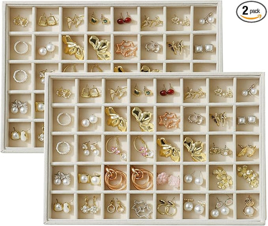 Large Velvet Jewelry Tray 2 Pack Stackable Jewelry Display Drawer Inserts Trays Organizer for Earring Bracelet Necklace Ring (Beige, 40 Grids)