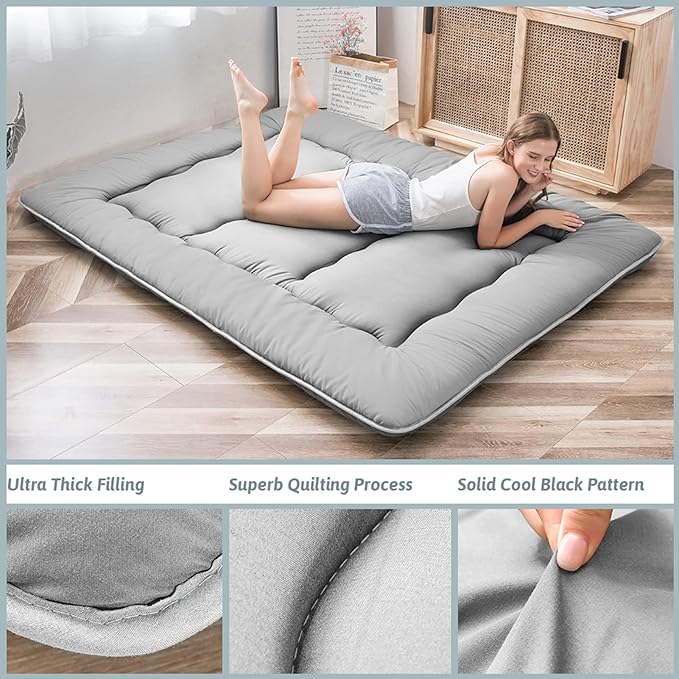 MAXYOYO Japanese Floor Mattress, Thicken Futon Sleeping Pad Foldable Roll Up Mattress Boys Girls Dormitory Floor Lounger Cushion and Sofas, Grey, Twin Size
