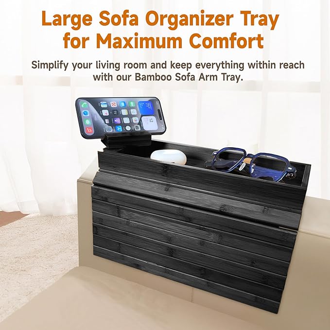 Bamboo Sofa Arm Tray – 2-in-1 Magnetic Detachable Couch Cup Holder & Armrest Table with Anti-Slip Pad, Convenient Tray for Drinks, Snacks & More,Black